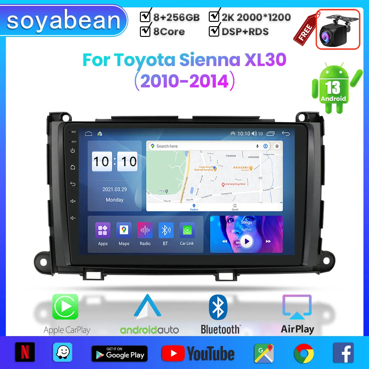 

Автомобильный радиоприемник Android 13 для Toyota Sienna XL30 2010-2014, 9 дюймов 2K мультимедийный плеер с 4G Carplay и 2Din GPS-навигацией