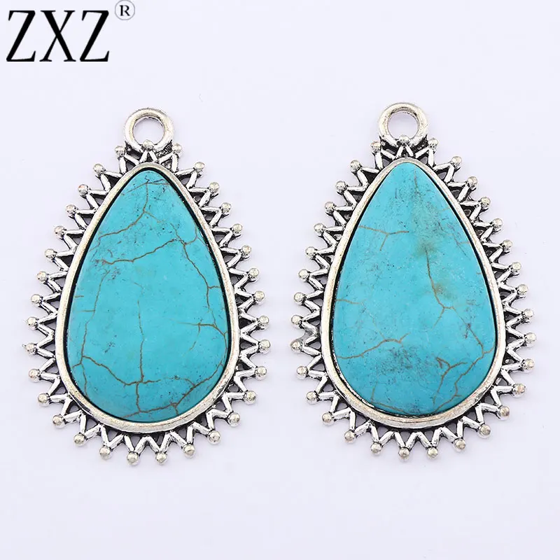 

ZXZ 2pcs Antique Silver Boho Faux Turquoise Stone Teardrop Charms Pendants For Necklace Jewelry Making Findings 55x36mm