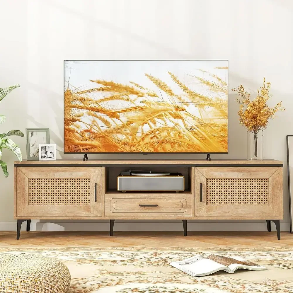 65 Inch TV Stand with Rattan Door, Metal Legs, Cable Hole, Oak Table for Living Room Entertainment