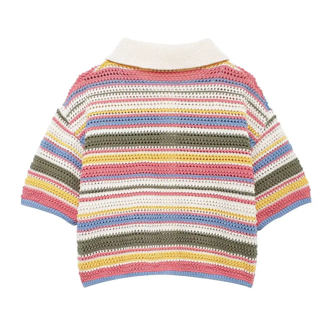 TRAFZA Casual Rainbow Knitted Sweaters Women Short Sleeve Buttons Short Cardigans Fashion 2024 Autumn Y2K Girl Streetwear Tops