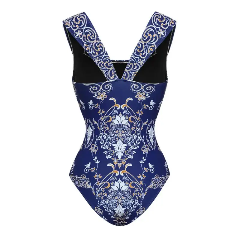 Femmes une pièce maillot de bain et jupe Flaxmaker Vintage bleu Royal Baroque imprimé maillots de bain ensembles dames été maillots de bain