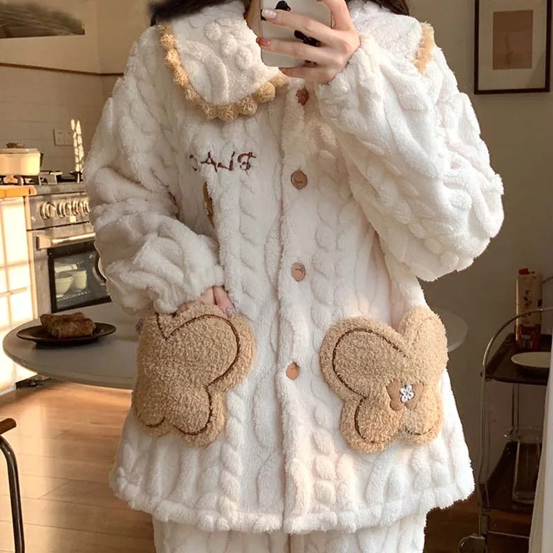 Pigiama cardigan in pile corallo carino da donna autunno e inverno Set pigiama in peluche addensato per ragazze studente caldo e confortevole pigiama