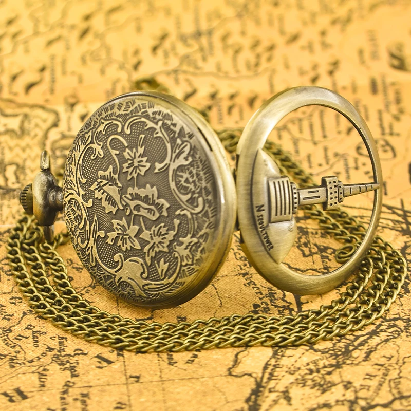 Montre de Poche Vintage en Bronze et à Quartz, Pendentif de Décoration, Collier de Bâtiment de Chine, Séoul, Taipei, Cadeau