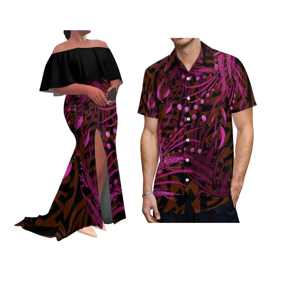 

Платье в пол с широкой юбкой и воротником из конопляной ткани для женщин, полинезийский стиль, оптовая продажа, индивидуальный пошив, элегантный парный наряд