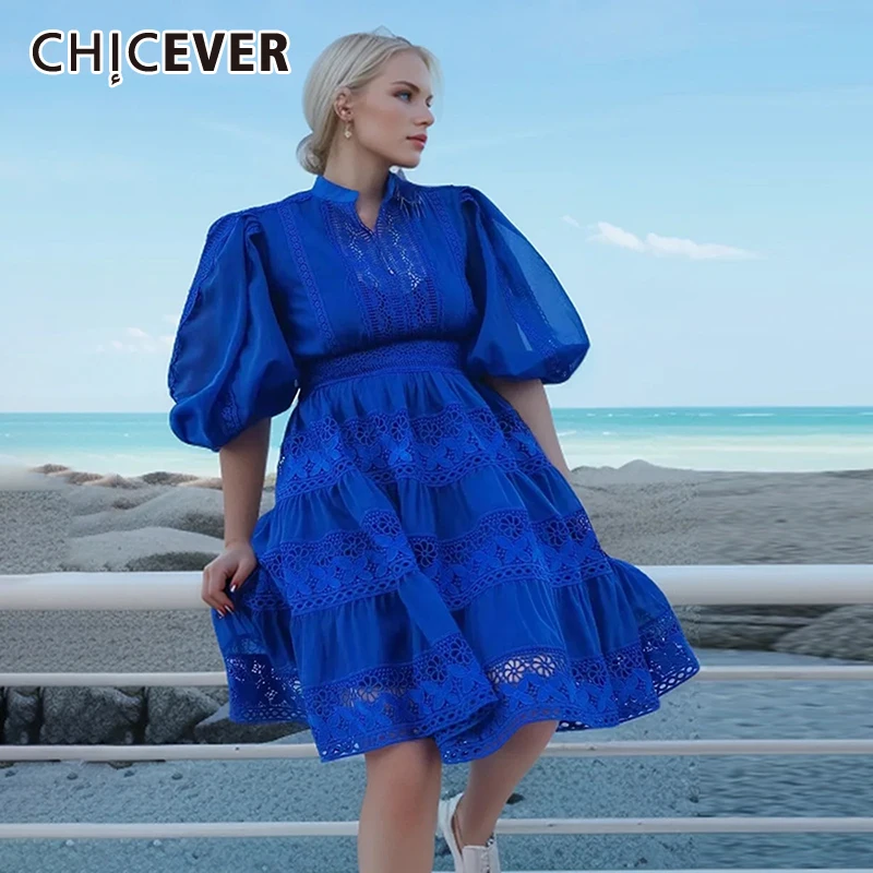 

CHICEVER Embroidery Solid Dresses For Women Stand Collar Puff Sleeve High Waist Folds Casual Loose Summer Mini Dress Female 2024