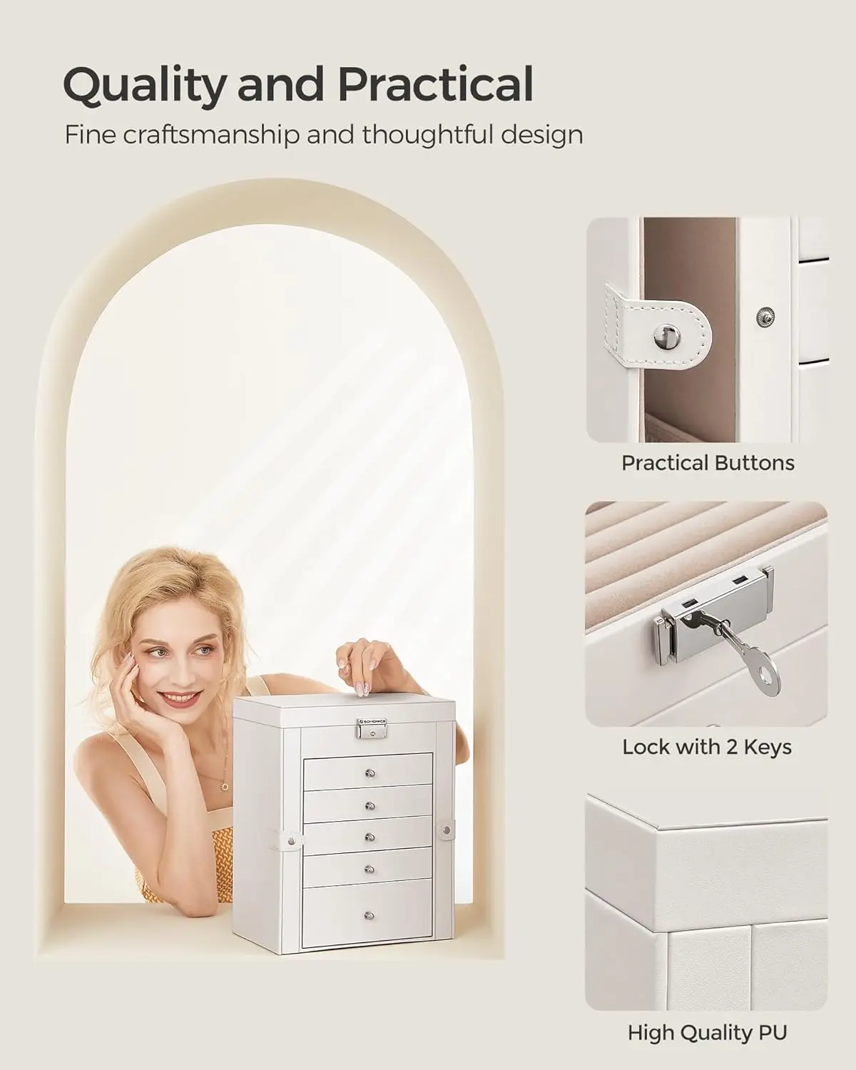 Joyero de 6 niveles, organizador de almacenamiento de joyas con 5 cajones, gran capacidad de almacenamiento, con espejo, con cerradura