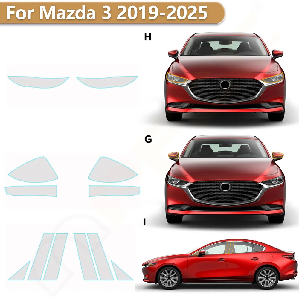 For Mazda 3 2019-2025 Car Headlight Rearview B C Pillars TPU Paint Protection Film Pre-cut PPF Bra Clear Kit Anti-scratch Cover