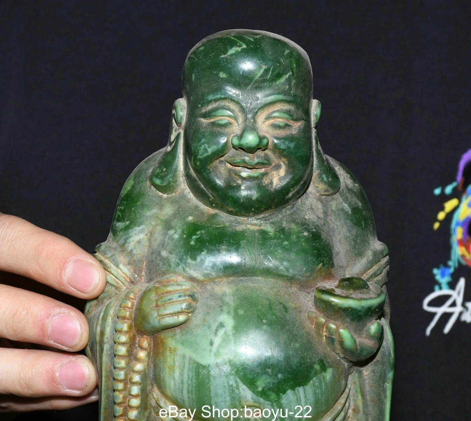 10'' Old Dynasty Buddhism Green Jade Carved Happy Laugh Maitreya Buddha Statue