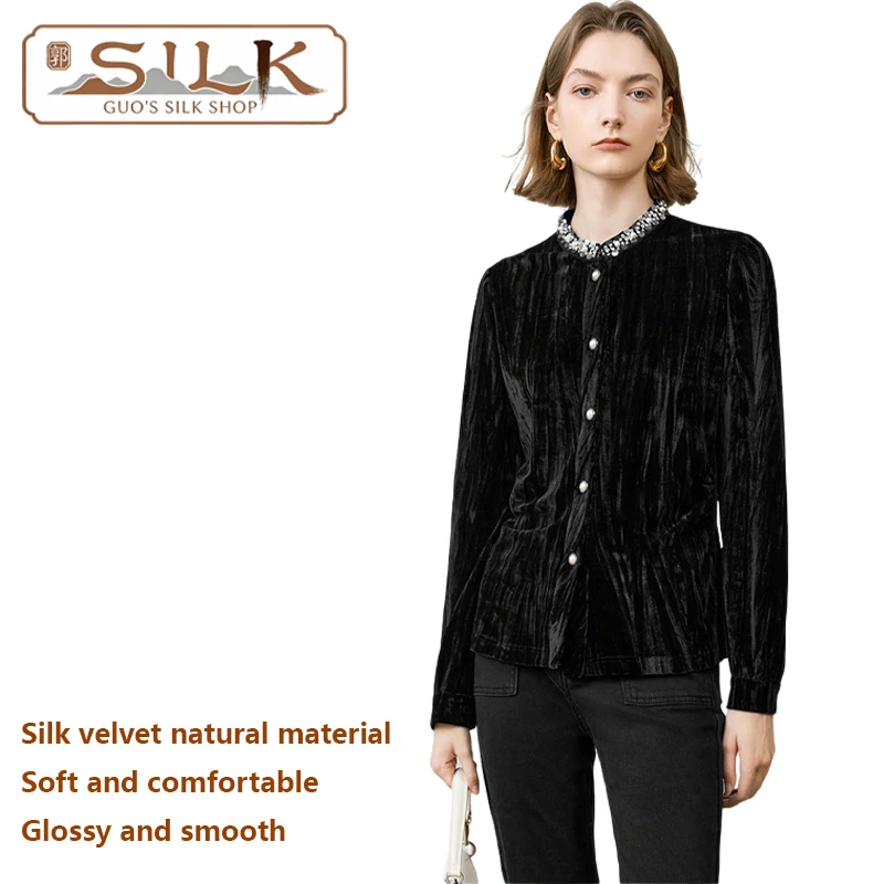 

Natural Silk Velvet Women's Shirt - French Retro Style Elegant and Noble Top with Pearl Collar Long Sleeve Soft and Lustrous