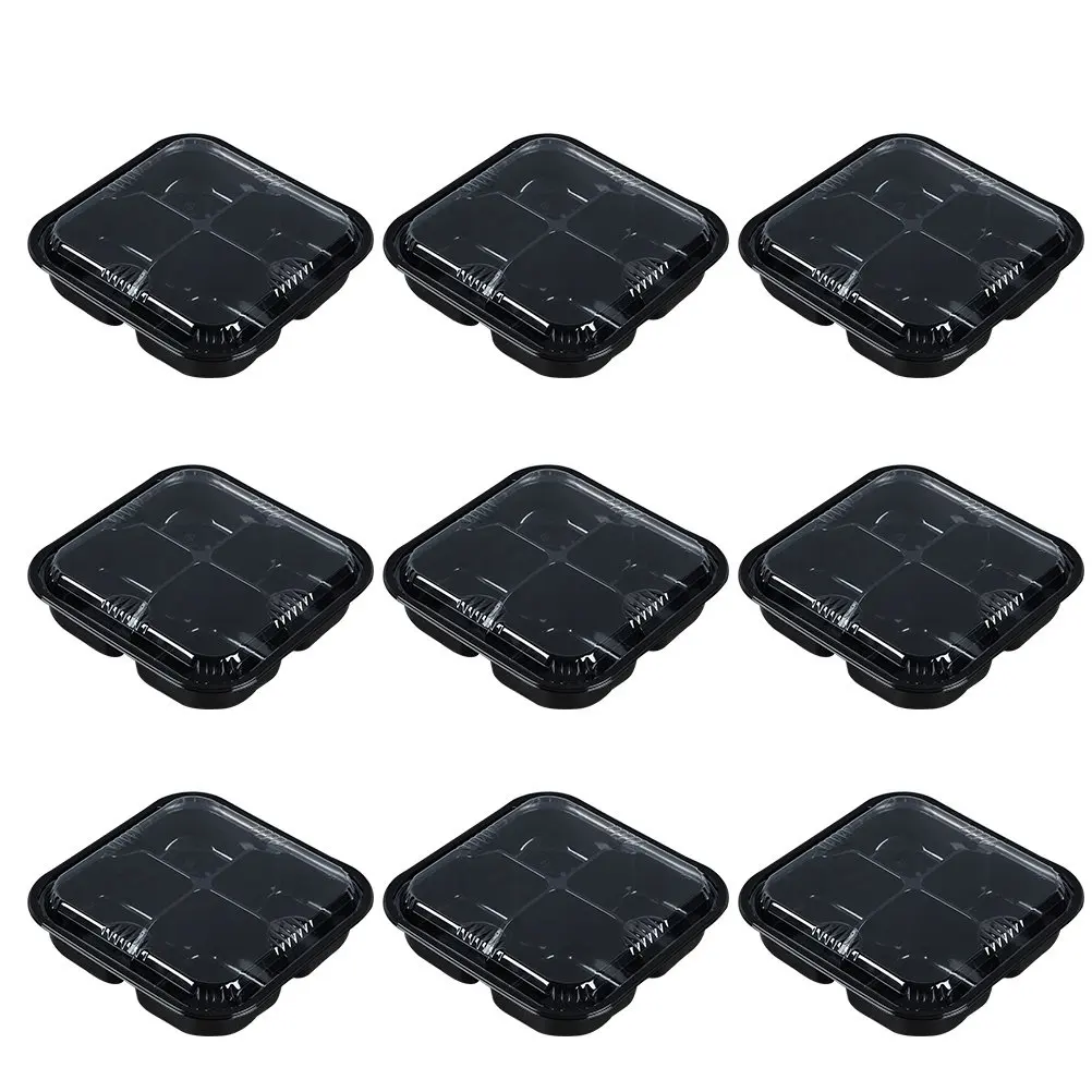 10Pcs 4-Grid Leak-Proof Plastic Food Containers with Tight Seal Lid for Fresh Fruits Vegetables Salads Nuts Bakery Goods Takeout