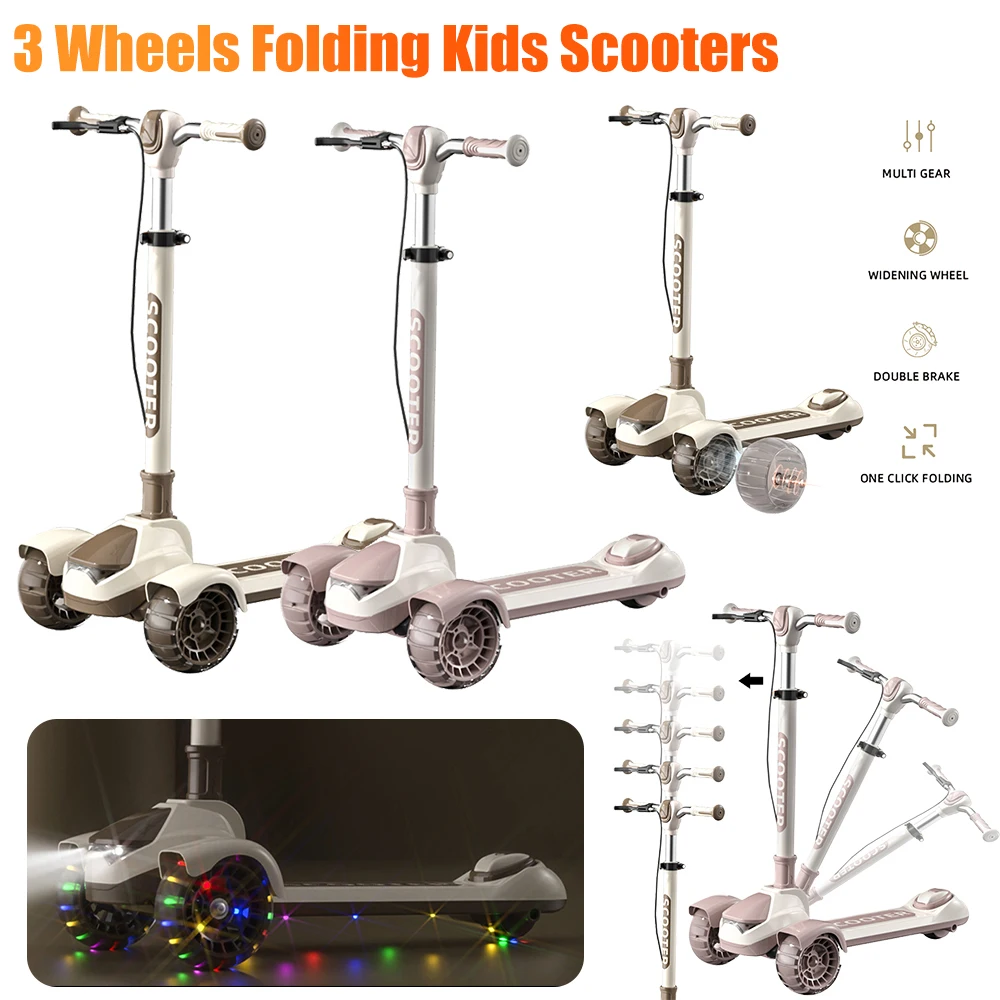 Foldable Kick Scooter For Children's 3 Wheel Fold Foot Scooters LED Glitter Kickboard Adjustable one-pedal Scooter for 5-18 Year