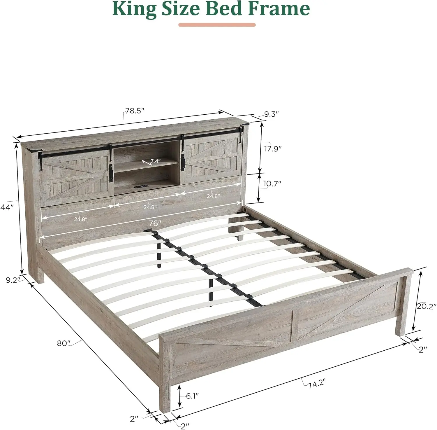 RedLemon Farmhouse King Size Bed Frame with Bookcase Headboard & Sliding Barn Door, Storage Shelves,