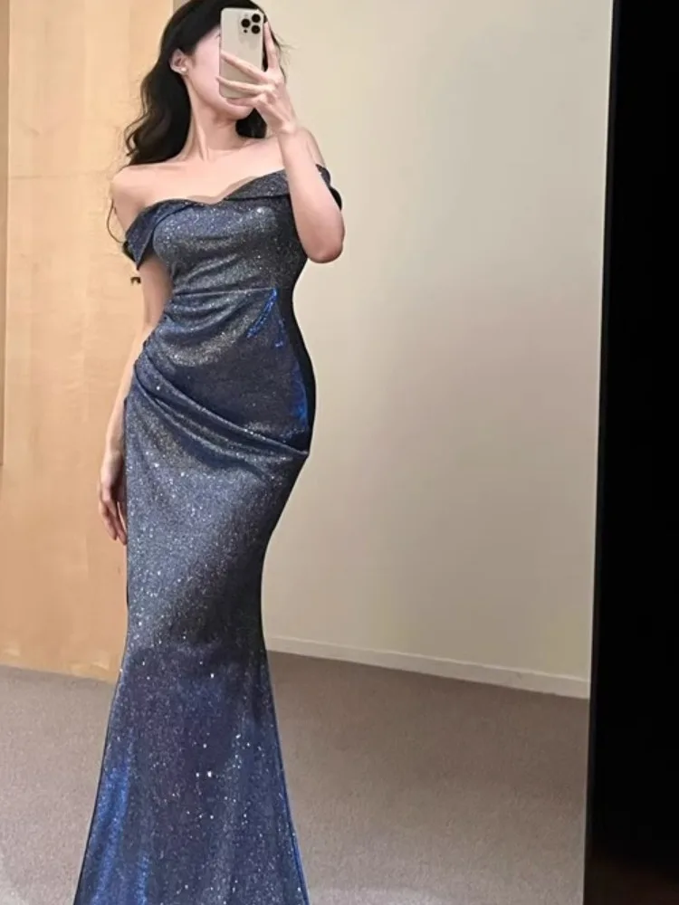 Vestido de Festa Sexy com Lantejoulas Azul de Um Ombro, Vestido de Cauda de Peixe para Mulheres, Vestido Longo para Festa de ...