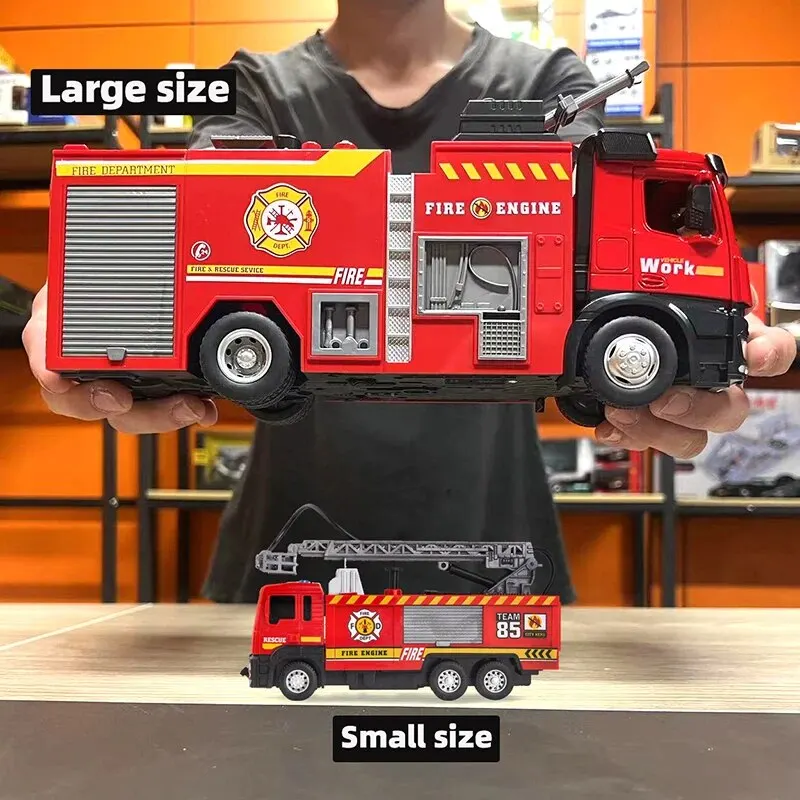 Brinquedo caminhão de bombeiros para menino, modelo de caminhão Metal DieCast Fire, brinquedo pulverizador de água, som e luz simulado, retrátil