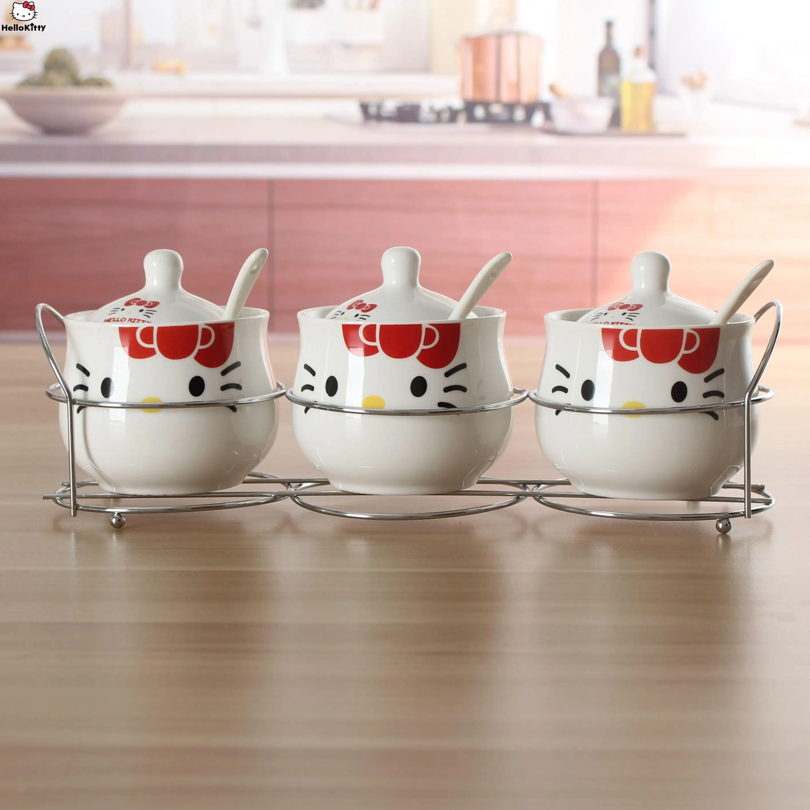 3 szt. Zestaw Hello KItty kubek ceramiczny domowy solniczka przyprawowy kubek słoik kreskówka wzór kości pudełko kuchnia butelka z żelaznym stojakiem