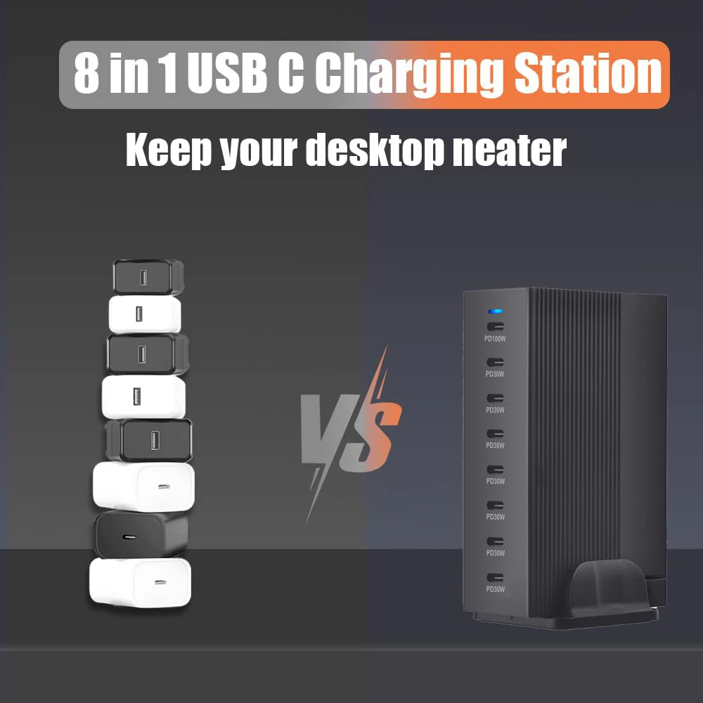 240W/300W Desktop GaN 8-port for Cellphones Quick Charger, Fast Charging Station Adapte for Iphone/Samsung/Xiaomi, LED Indicator