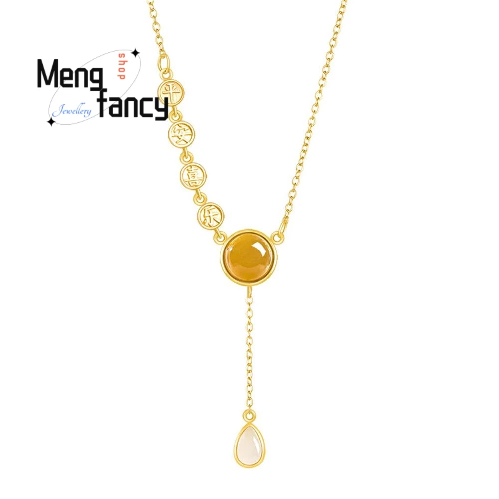 

Natural Old Material Hotan Jade Sugar Jade Peace Joy Pendant S925 Silver Inlaid Collarbone Chain Women Luxury High-grade Jewelry