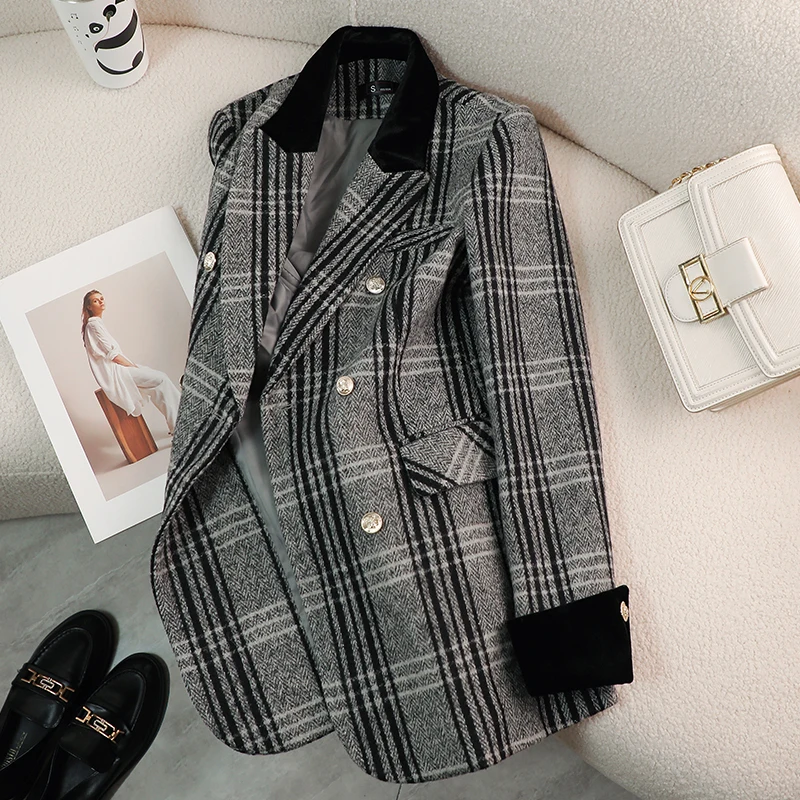 British Style Retro Plaid Blazer Women 2024 Fall Winter New Simple High-end Long-sleeved Gray Suit Jacket Luxury Tweed Jacket