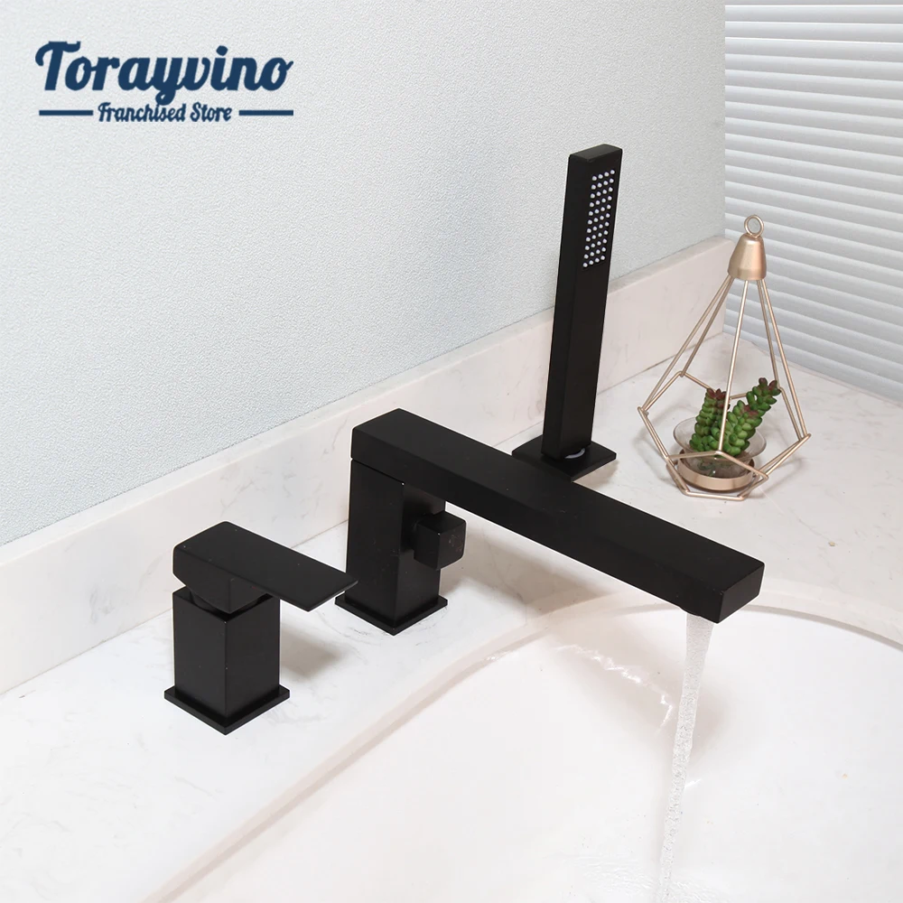 Torayvino Bathroom Basin Faucet Set Three-piece Matte Black Deck Mounted Hot And Cold Water Mixer Bathtub Sink Taps