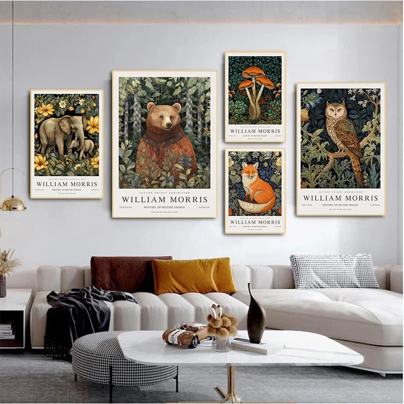 Vintage William Morris Animal Exhibition Poster Prints Canvas Painting Wall Art Deer Cat Owl Peacock Picture for Room Home Decor