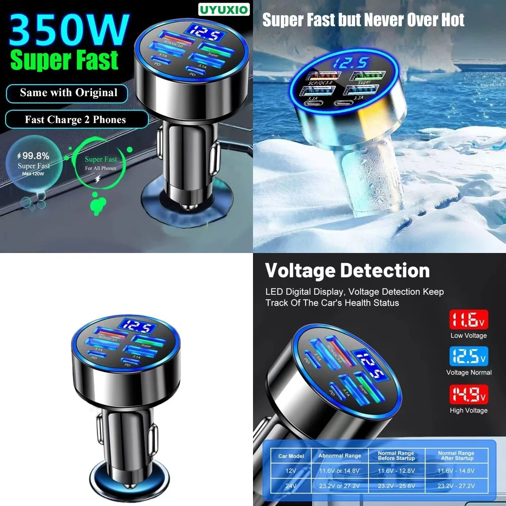 Multi USB Car Charger PD 3.0 Fast Charging Dual PD Quad USB LED Screen Voltage Meter for iPhone 15 14 13 Samsung S23 Ultra