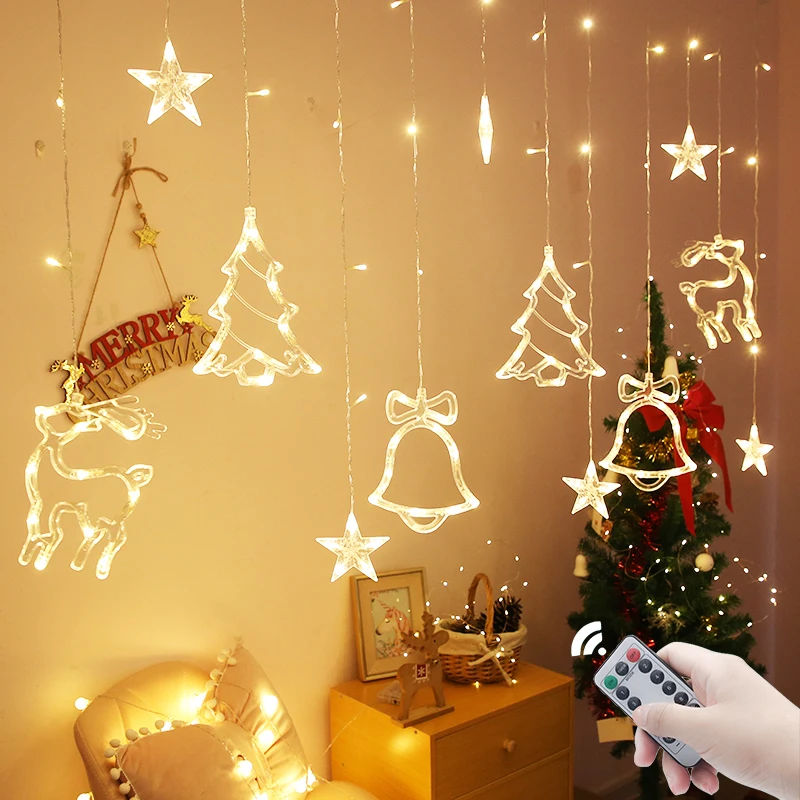 

Garland Curtain Led Christmas Deer/Bell/Tree Outdoor Indoor Fairy String Lights Party Xams Decor 2024 New Year Decoration