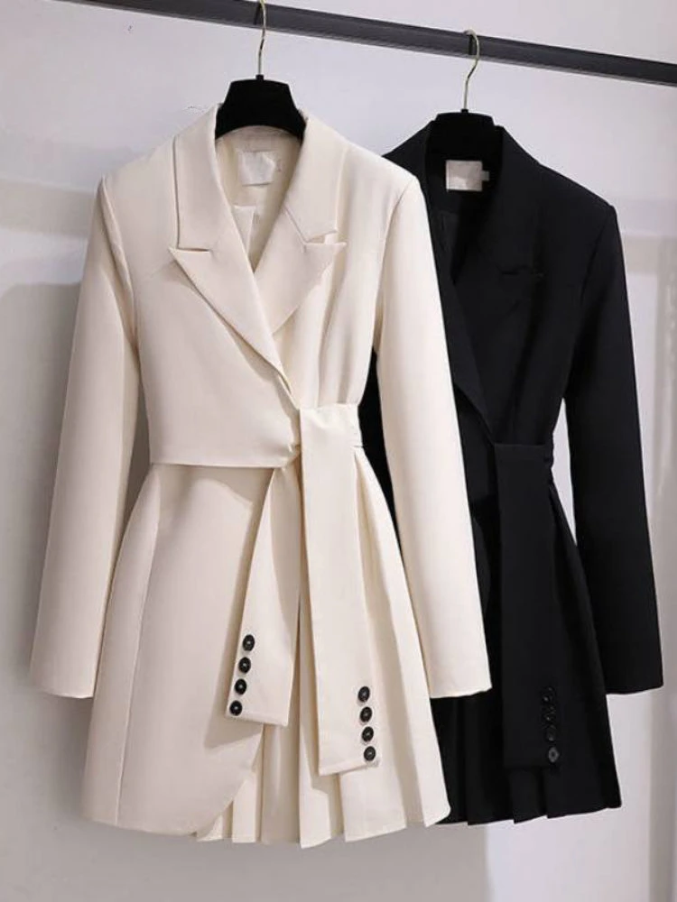 Spring Blazers for Women 2024 New In Korean Elegant Office Lady Long Sleeve Tops Female Slim Black Jacket Pleated Coat Dress