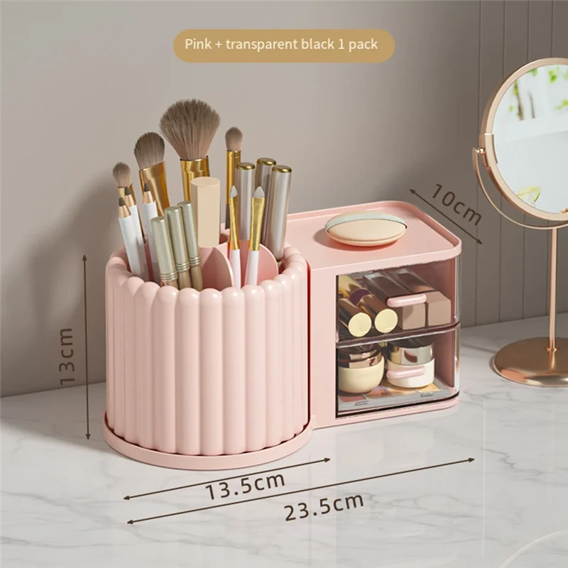 ABBN-Organizador de soporte para brochas de maquillaje con 2 cajones, 360 °   Encimera giratoria del organizador del maquillaje, vitrina de capacidad fácil de usar Pi