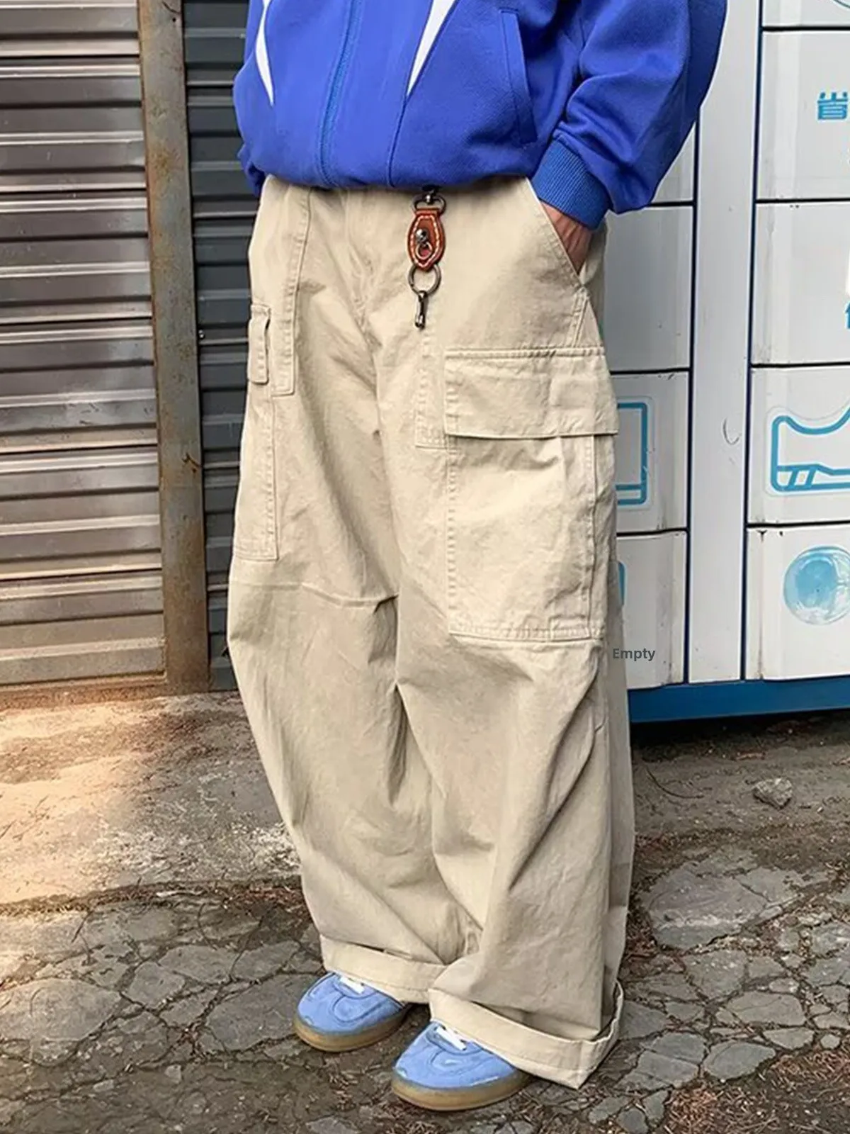 

American Street Sle Men's Work Pants Multiple kets Baggy Loose Versatile Pure Color Silhouette Casual Wide Leg Pants