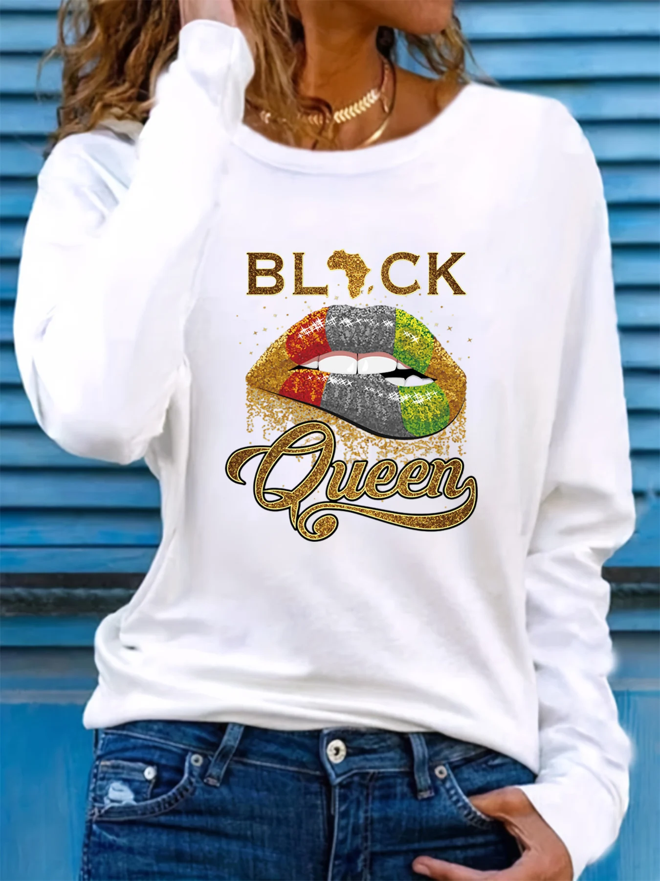 

100% pure cotton women's spring and autumn comfortable casual long sleeved BLACK Queen lip print round neck T-shirt