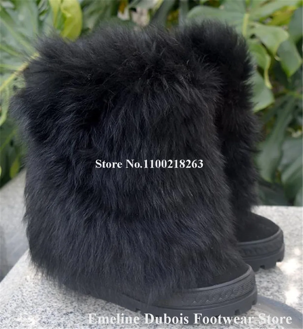 Winter Warm Black Long Wool Platform Wedge Inside Heel Short Boots Newest Thick Sole Height Incrased Warm Ankle Boots