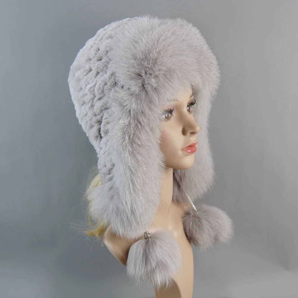 Winter Hats for Women Real Fox Fur Bomber Hat Elastic Knitted Luxury Lady Real Rex Rabbit Fur Beanie Hat With Ear Protectors