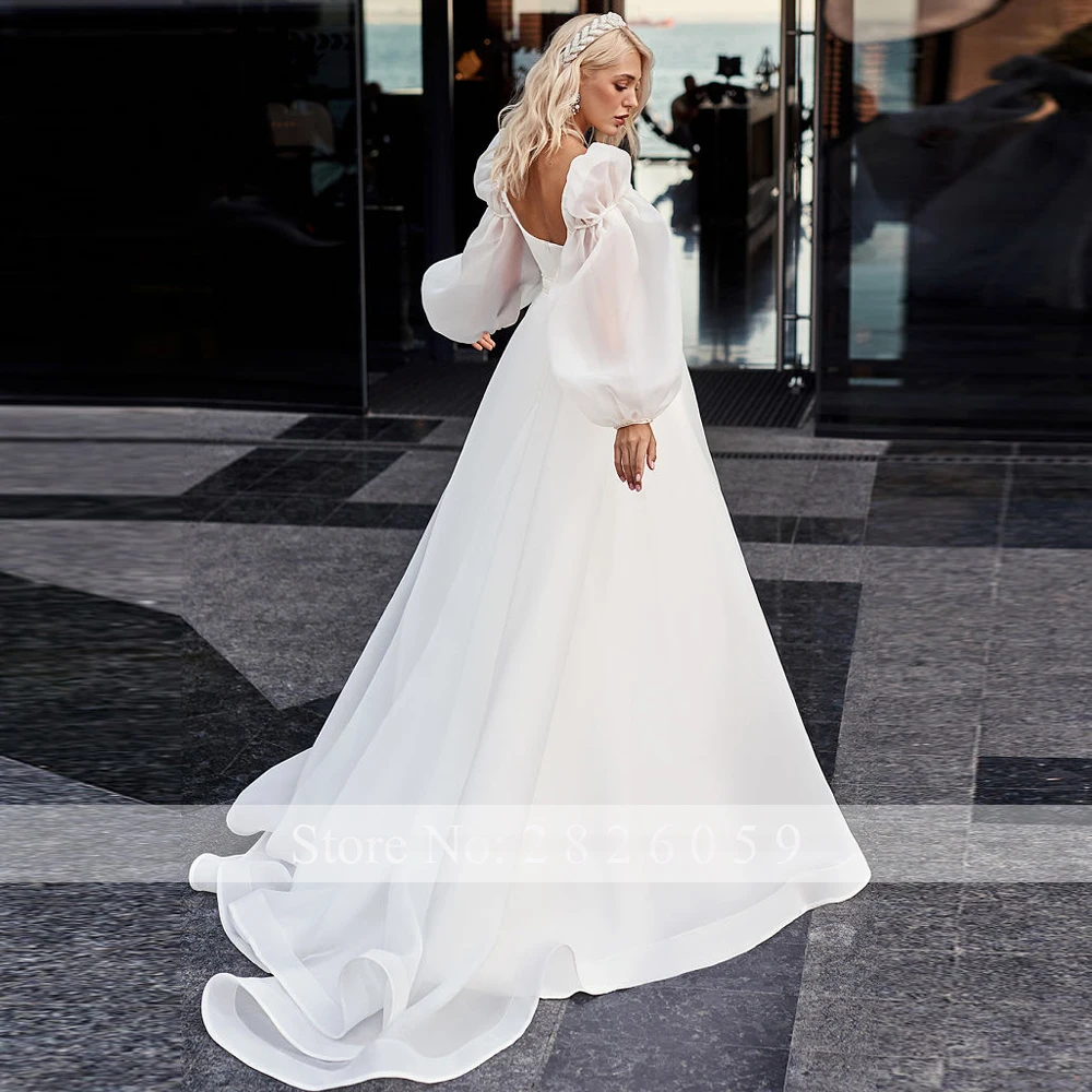 Lceland Poppy Customized A Line Square Neck Organza Wedding Dresses Floor Length Puff Sleeves Bridal Gowns with Court Train