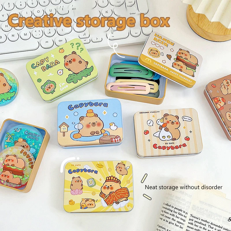 Cartoon Capibala Rectangular Tinplate Box Jewelry Organizer Postcard Desktop Small Object Hairpin Card Storage Cases