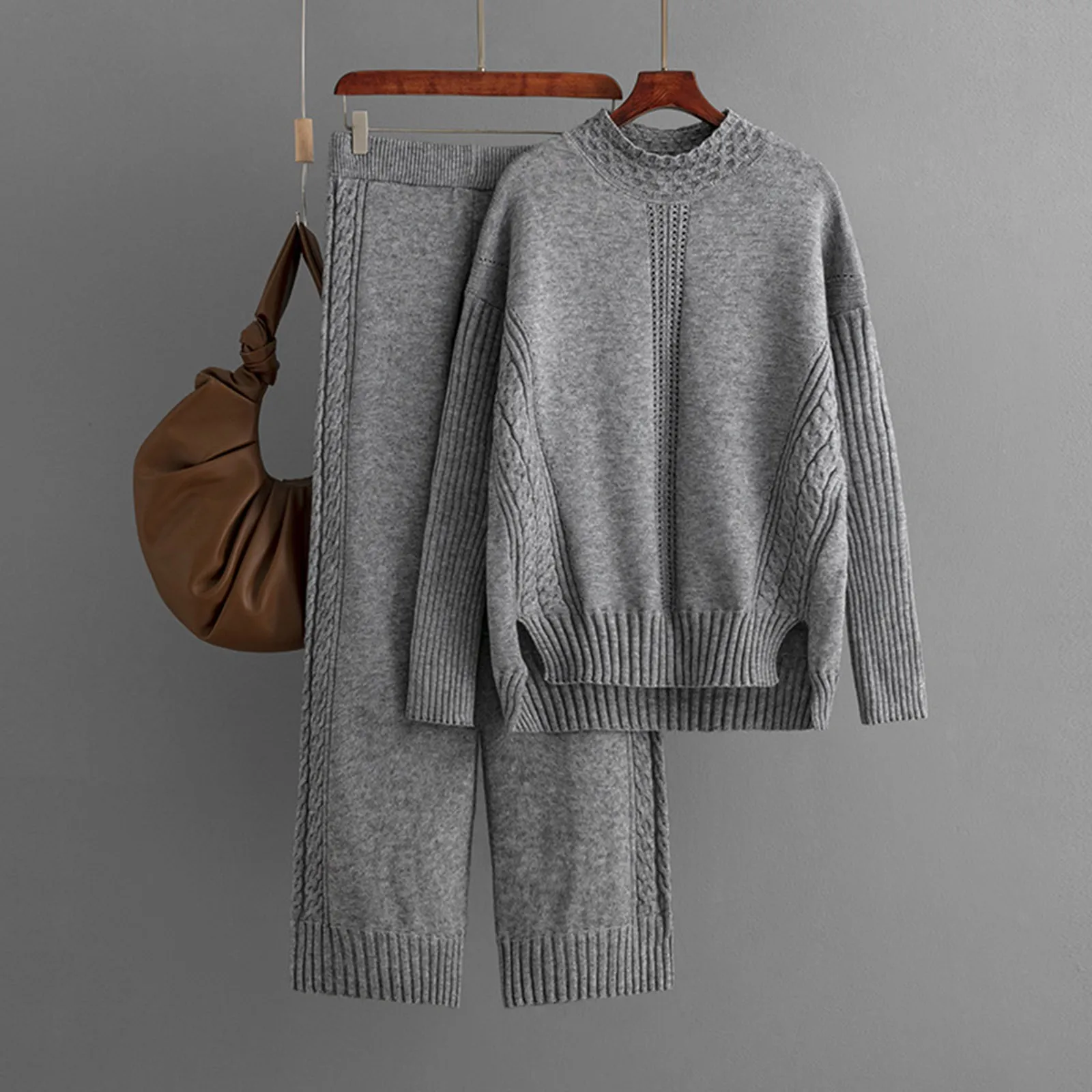 Autumn Winter Women Knitted Sweater Two Piece Outfits Temperament Loose Casual High Neck Top And Wide Leg Pants Sets ﻿