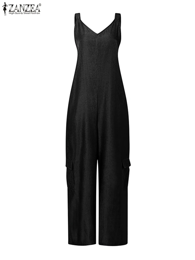 

ZANZEA 2025 Casual Loose Long Jumpsuits Women Sleeveless Denim Overalls Fashion V Neck Solid Pockets Cargo Wide Leg Rompers