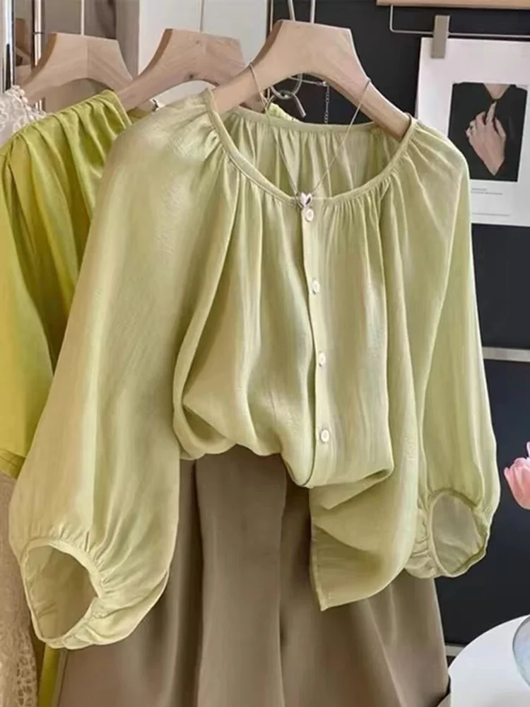 

Chic Light Weight Tee Quarter Sve Comfortable irt Lantern Sve Design Conceals Flaws Cotton Linen Blend Casual Top