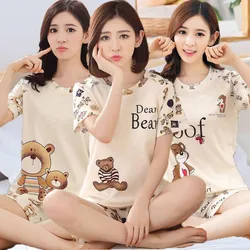 Summer Short-Sleeved Ladies Pajamas Two-Piece Casual Korean Round Neck Cartoon Cute Sweet Short-Sleeved Comfortable Homewear Set