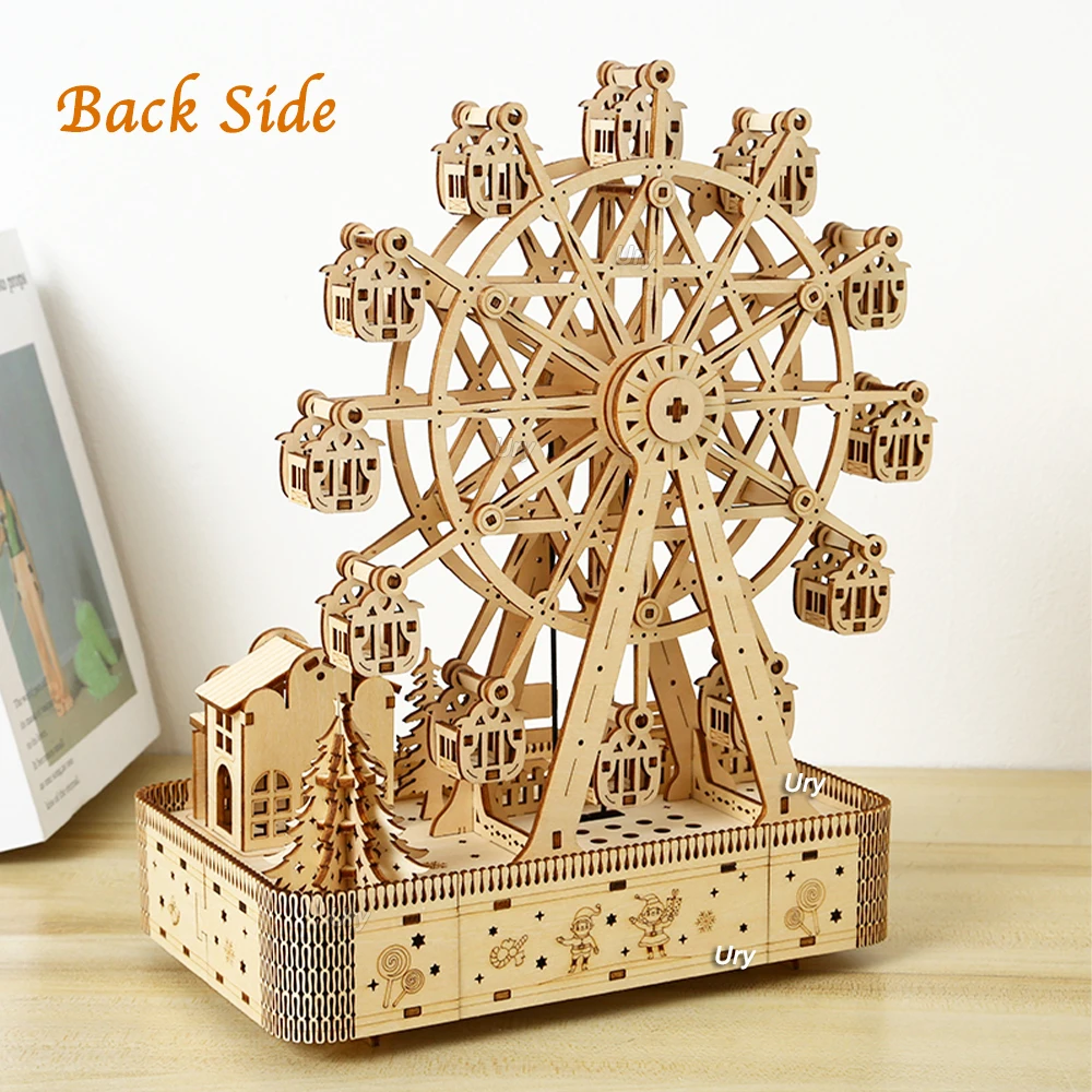 3D Wooden Puzzles Led Rotatable Ferris Wheel Music Octave Box Model Mechanical Kit Assembly Decor DIY Toy Gift for Kid Adult