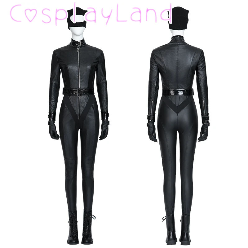 

Bat Lady Faux Leather Jumpsuit Carnival Halloween Superheroine Cat Women Selina Costume Kyle Cosplay Armor Outfit with Shoes