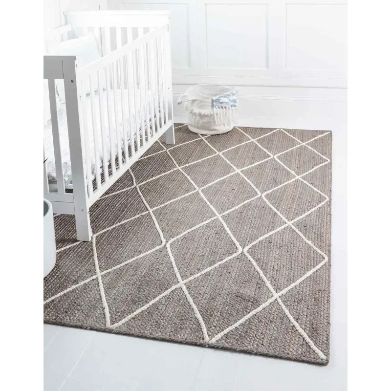 

Rug 100% Natural Braided Jute Carpet Diamond Design Modern Living Area Rug