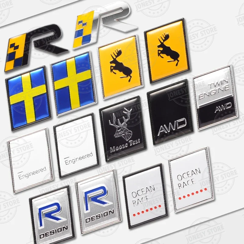 Auto Metal For OCEAN RACE AWD Moose Test R Design TWIN ENGINE Sweden Flag Elk Deer Logo 3D Badge Lettering Decals Trunk Sticker