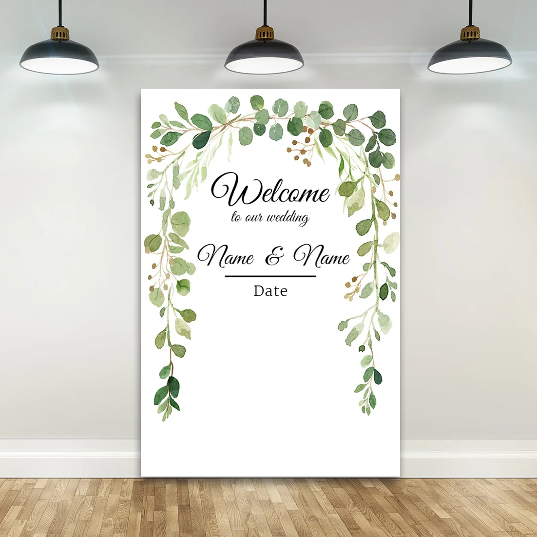 Custom Name Welcome to Wedding Photography Backdrop Leaves White Flowers Background Bridal Wedding Baptism Party Banner Decor