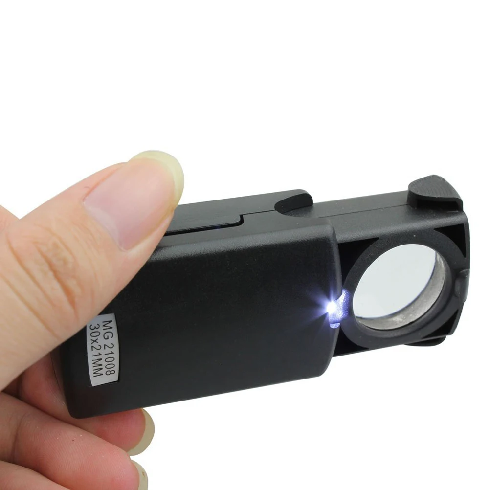 

Portable 30x21mm Pull-Style LED Illuminated Magnifier for Jewelry Coin Collectors Compact 54x35x24mm Folding Design with Optical