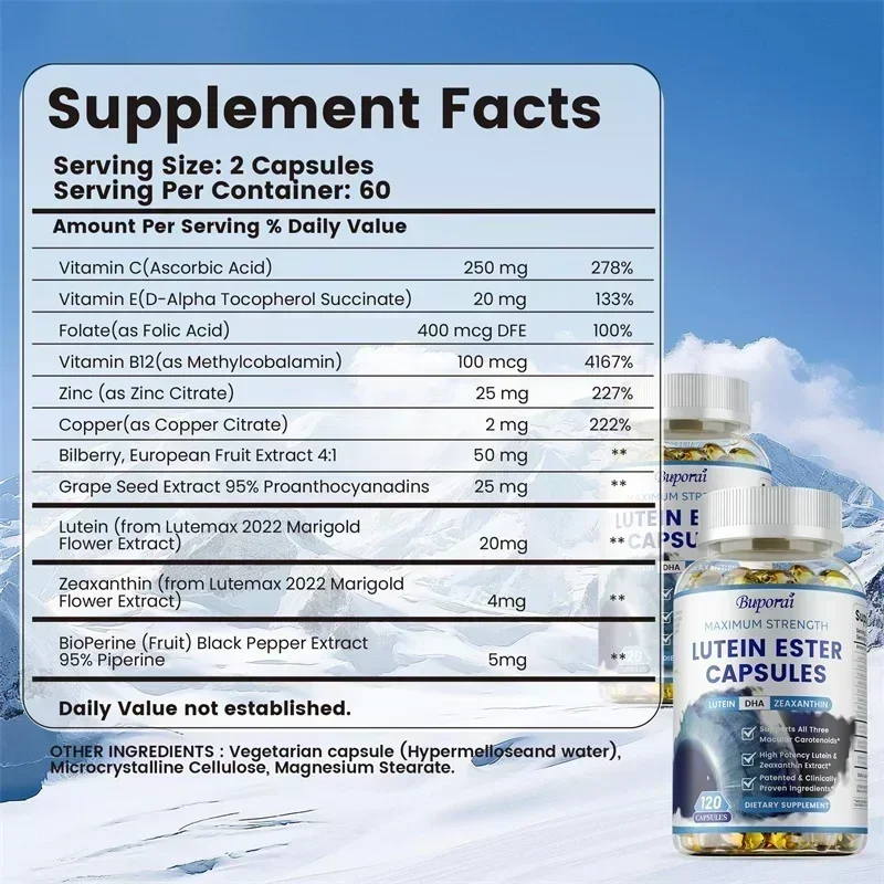 Lutein Ester Capsules - with Zinc, Vitamins C, E, Zeaxanthin, For Dry Eyes Fatigue, Improved Vision, Promotes Macula Health
