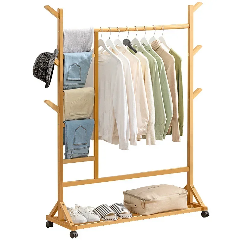 Bamboo Branch Garment Rack Multi-Use Storage Stand Reinforced Hanger Mobile Coat Bags Organizer with Pulley for Kids