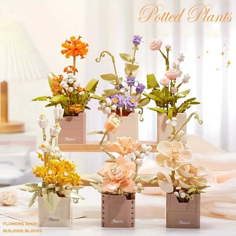 Creative assembling bouquets of eternal flowers and building block ornaments to give holiday gifts to relatives and friends
