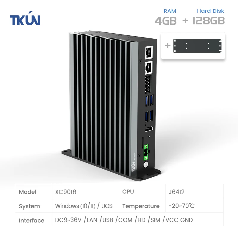 J6412 X86 Industrial Mini PC Fanless IPC Industrial Control Computer Host XC9016 TKUN with Edge Rail Mounted 9~36V HD-out
