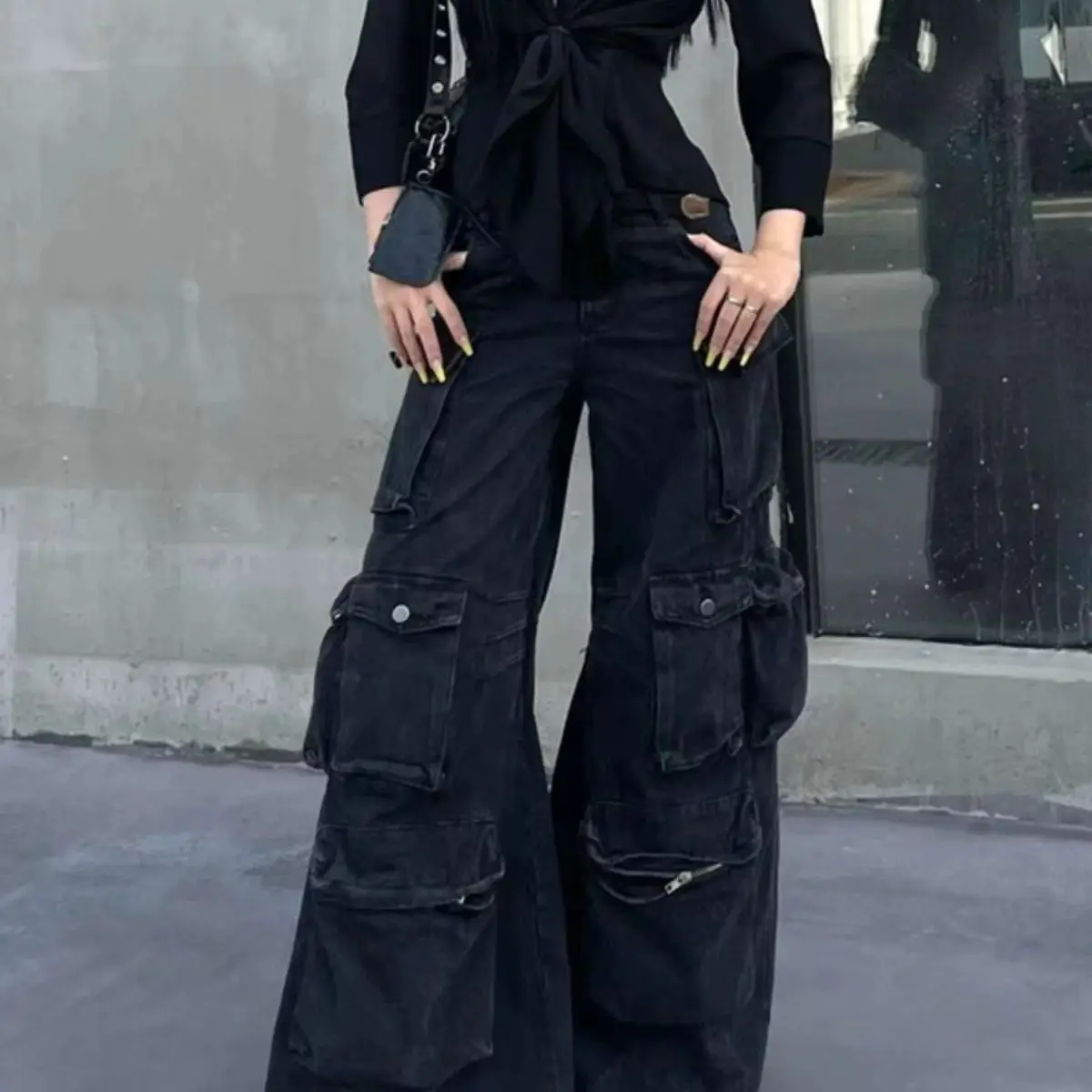 

Women's high street workwear jeans European and American street black grey shell new hottie street fried fashionable loose jeans