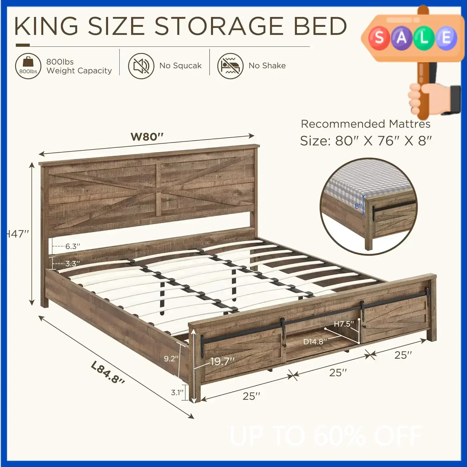 

Флеш-распродажа! Горячие предложения! Кровать-фрейм King-size из массива дерева с ламелями и раздвижной дверью-амбаром для хранения, бесшумный комфортный сон.